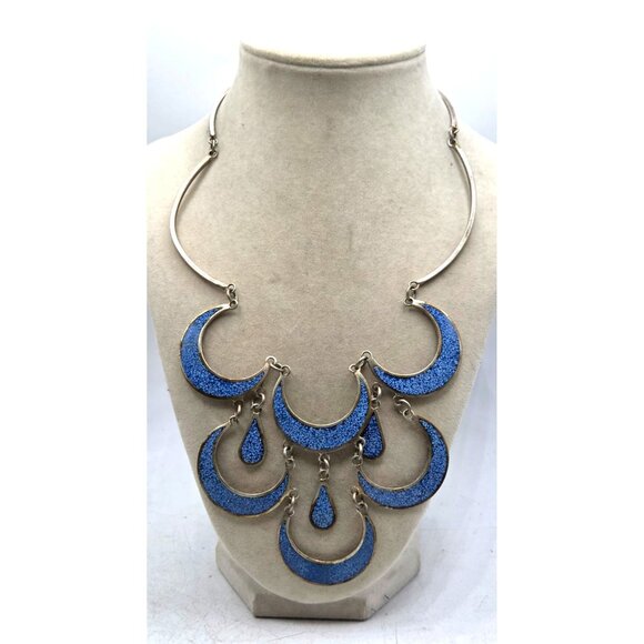 Vintage Silver Tone Crescent Moon & Teardrop Necklace With Blue Enamel Details S - Picture 1 of 5